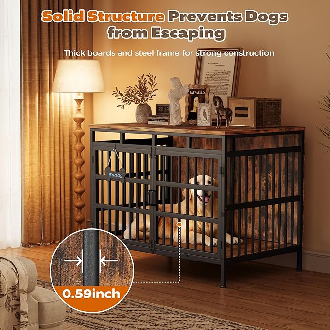 47 Inch Dog Crate Furniture, Heavy Duty Dog Kennel for Small Medium Large Dogs, Double Doors Indoor Decor Pet House Cage, Anti Escape Wooden Dog Cage with Name Tag End Table, TV Stand, Brown