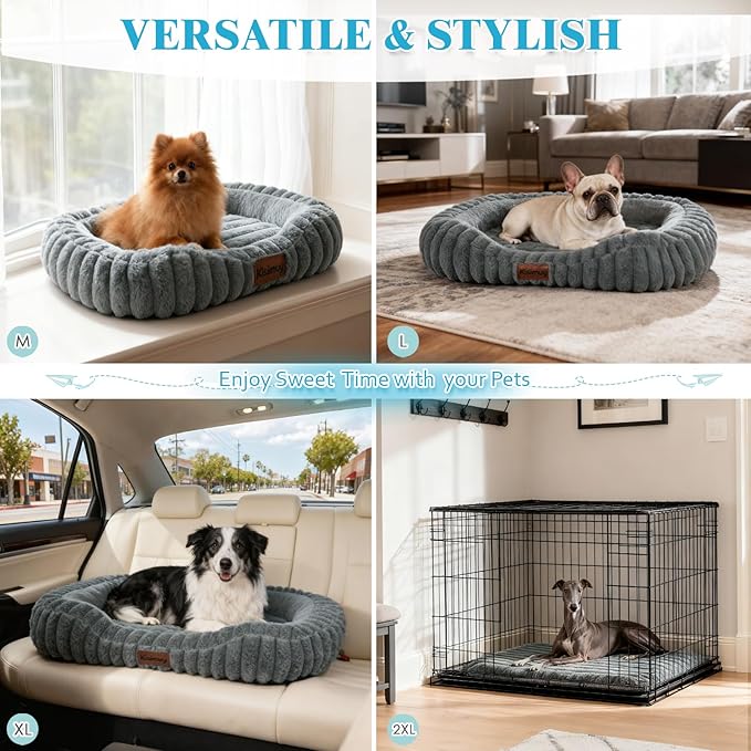 Cute Dog Bed for Small & Medium Dogs - Calming Orthopedic Rectangle Dog Bed with Reversible Cushion and Removable Cover, Washable Soft Pet Kennel Bed with Handle, 30x24x4Inches, Warm Grey