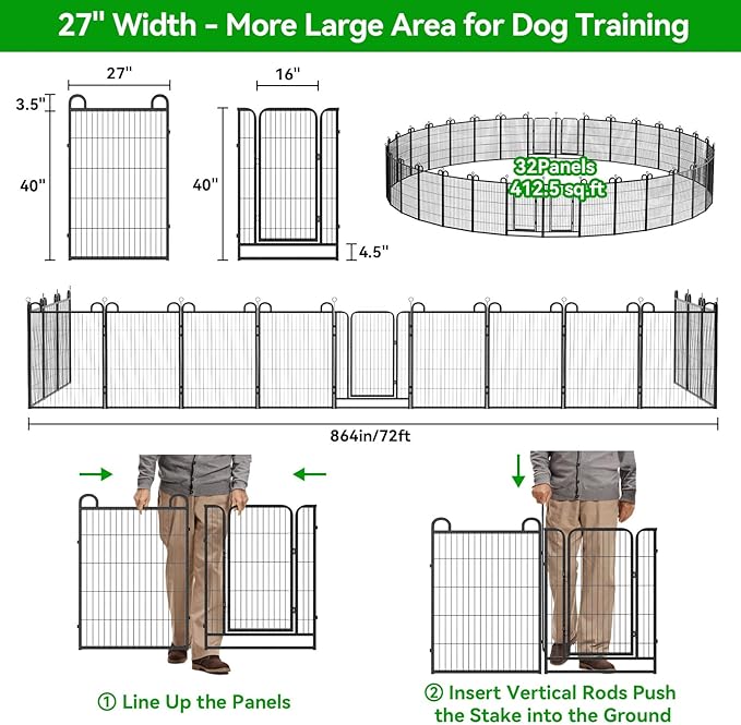 Dog Playpen Outdoor 32 Piece Panels Heavy Duty Dog Fence 40" Height Anti-Rust with Doors Portable for RV Camping Yard, Total 71FT, 406 Sq.ft, Snowy Black