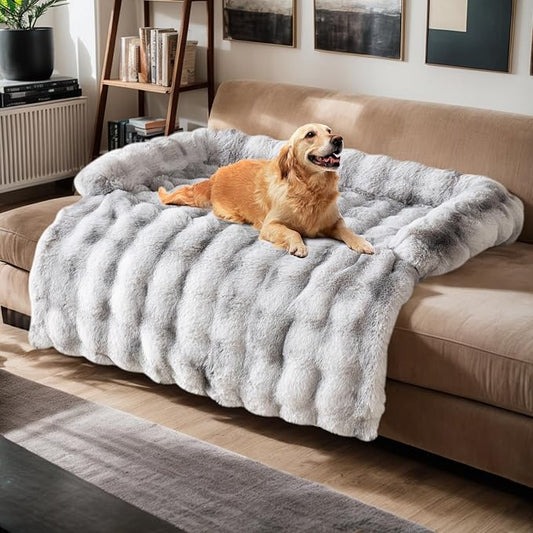 LiveGo Fuzzy Calming Dog Sofa Bed Mat, Washable Plush Couch Cover for Pets, Furniture Protector with Anti-Slip Bottom (Light Gray, 29.5"*29.5")