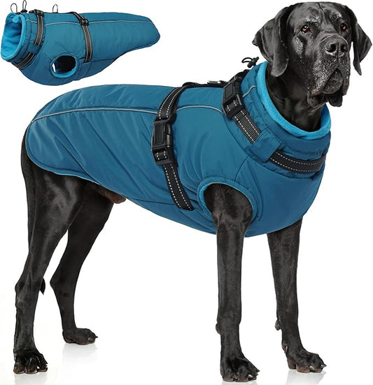 PUMYPOREITY Dog Coat with Harness Built in, Reflective Fleece Jacket, Thick and Warm Winter Coat, Medium Dog Jacket with Zip, Cold Weather Coats for Outdoor, Waterproof Pet Snowsuit, Blue, L