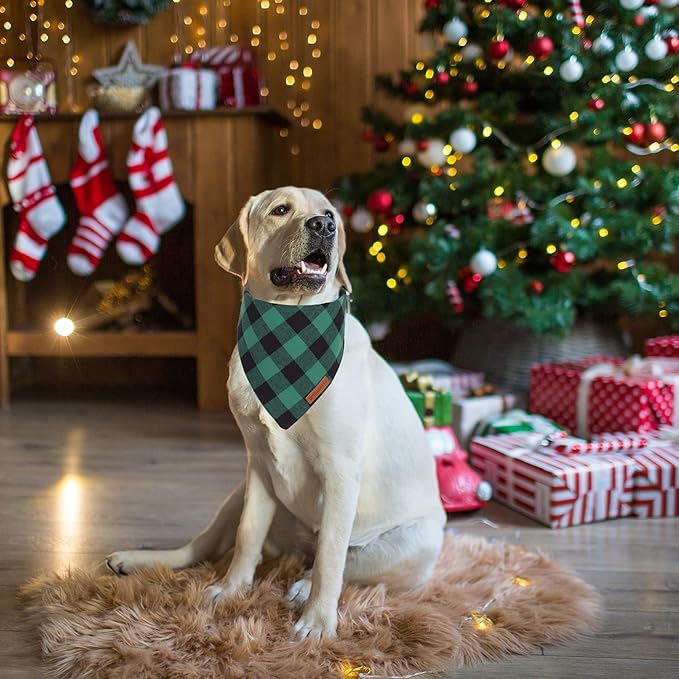 ADOGGYGO Christmas Dog Bandanas 2 Pack, Premium Cotton Fabric, Multiple Sizes Offered, Red Green Plaid Bandanas for Medium Large Dogs (Large, Xmas)
