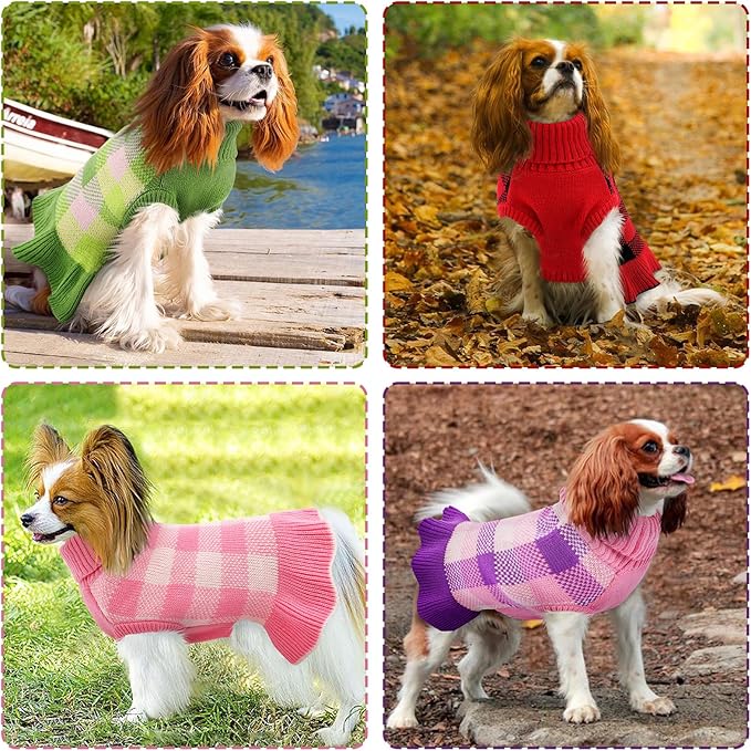 Dog Sweater Dress Plaid Knitwear for Small Medium Dogs Warm Puppy Pet Turtleneck Stretch Pullover Cute Fall Winter Vest Clothes with Leash Hole for Christmas (Green, S)