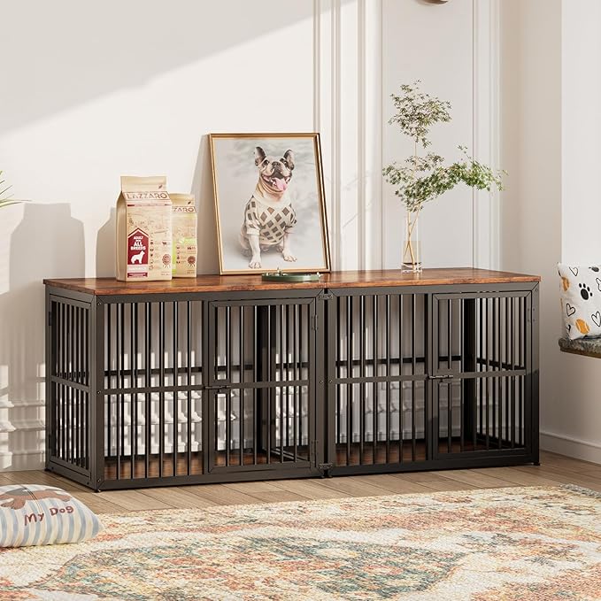 Lyromix 66'' Dog Crate Furniture with Double Rooms,Wooden Crate TV Stand with Removable Divider, Heavy Duty Indoor Puppy Cage Kennel for Small to Medium Dogs, Can Use Separately, Rustic Brown
