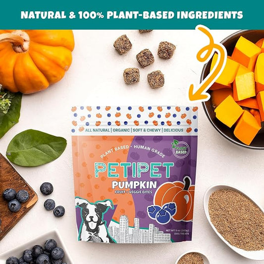 PETIPET Plant-Based Pumpkin Dog Treats - Pumpkin, Carrot, Apple, and Blueberry Soft & Chewy - Vegetarian, Vegan Dog Treats with Organic Ingredients - Low-Protein, Hypoallergenic, Gluten-Free