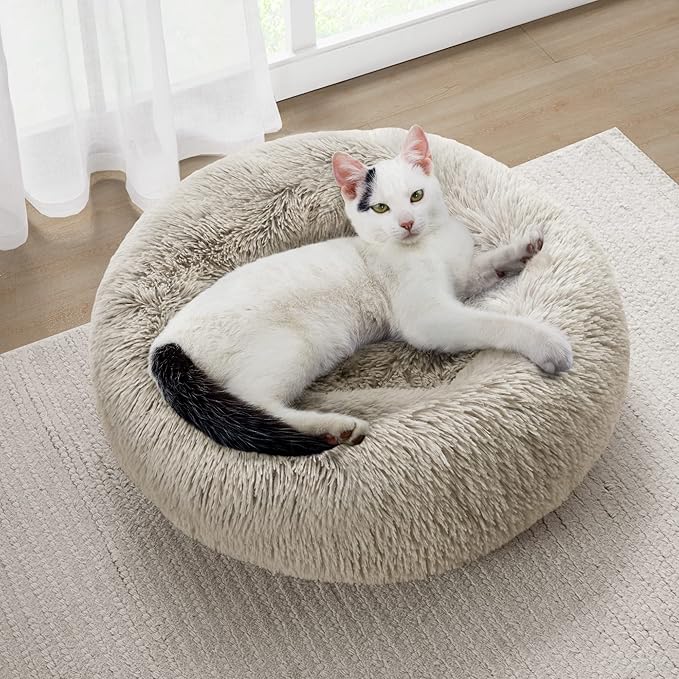 Friends Forever Serena Donut Memory Foam Orthopedic Dog Bed, Soft Faux Fur Oval Cat Couch For Indoor Pet, Fluffy Calming Plush Shag, Round Raised Bolster Cushion, Machine Washable Cuddler, Tan