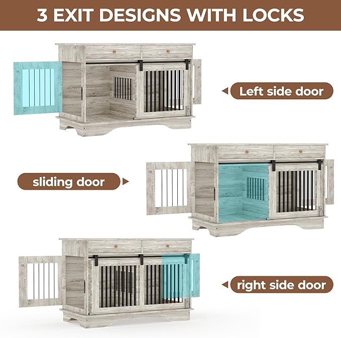 47" Dog Furniture Crate, Large Furniture Style Dog Crate for Large/Medium/Small Dogs (Retro Grey, One Cage)