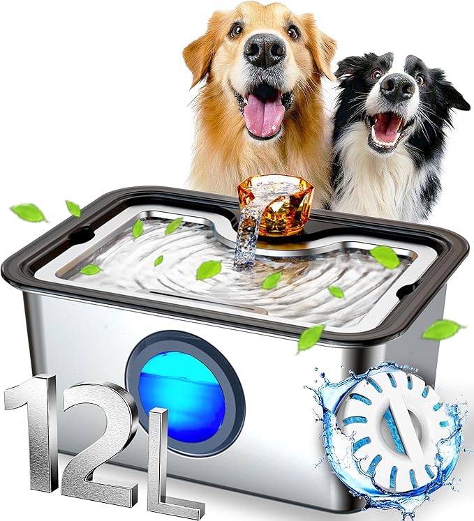 Large Dog Water Fountain SS304,12L Ultra-Purification Pet Drinking Dispenser with Visual Window,Widely Drinking Area,Deep Purification Filter,Triple Waterfall Structure,Low Water Indicator