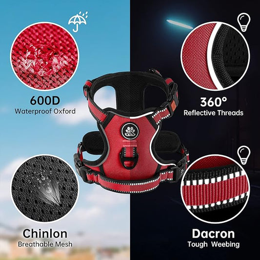 NESTROAD No Pull Dog Harness,Adjustable Oxford Dog Vest Harness with Leash,Reflective No-Choke Pet Harness with Easy Control Soft Handle for Small Medium Dogs(Medium,Red)