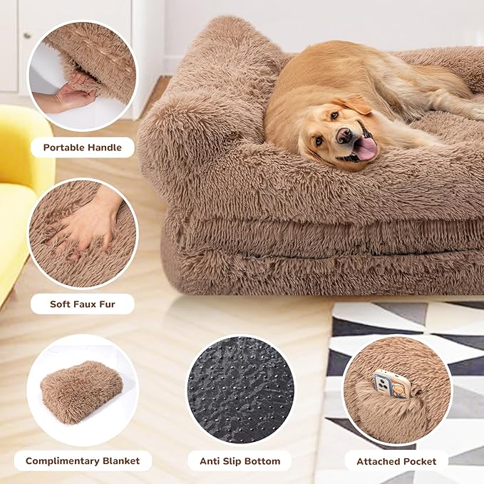 Foldable Human Dog Bed for Adults, Fluffy Human Sized with Blanket, Orthopedic Washable Dog Bed with Memory Foam and Water Repellent Liner Large for Pet (Brown, Family Size (79*44*12 inch))