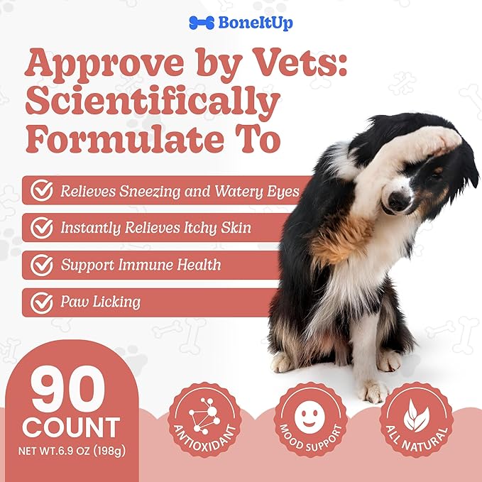 BoneItUp Soft Dog Allergy Chews for Itching, Sneezing, Paw Licking, Seasonal Allergies - Essential Omega-3, Turmeric & Quercetin for Dogs Allergies - Daily Immune & Digestive Dog Allergy Treats (90ct)
