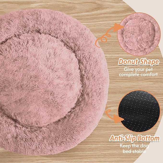 JOLLYVOGUE Small Dog & Cat Beds for Indoor Cats, Donut Cuddler Warming Soft Dog Beds with Anti-Slip Bottom, Round Calming Fluffy Plush Faux Fur Cushion Bed for Medium Dogs (27", Dark Pink)