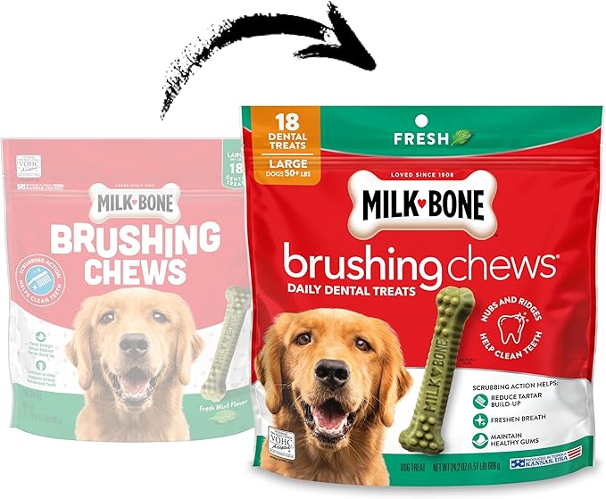 Milk-Bone Fresh Breath Brushing Chews, 18 Large Daily Dental Dog Treats Scrubbing Action Helps Clean Teeth