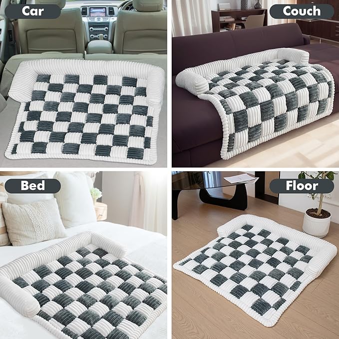 LiveGo Fuzzy Pet Couch Covers for Sofa, Dog Couch Cover Fuzzy Sofa Cover Cream Square Plaid Dog Bed Plush Dog Mat for Furniture Protector for Large Medium Dogs and Cats (Blue Gray, 29.5"*29.5")