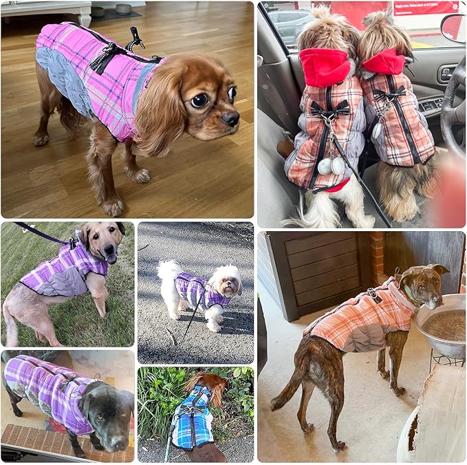 BEAUTYZOO Dog Winter Coat with Harness Built in, Reflective Plaid Puffer Vest Waterproof for Medium Dogs, Fleece Warm Puppy Zipped Jacket with D Ring, Pet Cold Weather Sweater Clothes, Purple M