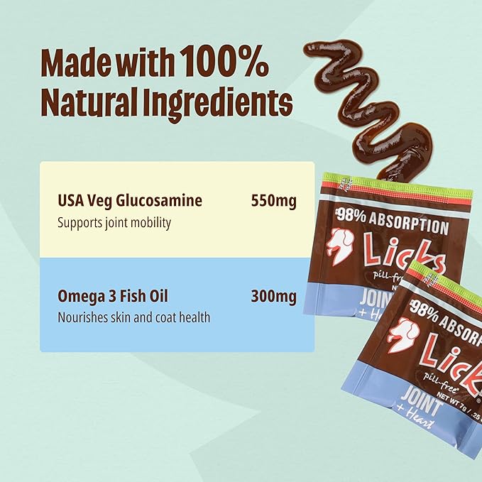 Licks - Dog Joint + Heart Supplement - Omega 3 Fish Oil + Glucosamine - LiquiPaks - 10 Use