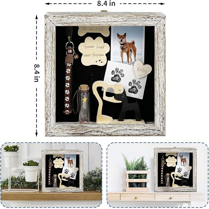 Dog Memorial Shadow Box Gift Pet Memory Display Case Wooden Picture Frame Pet Paw Ink Kit Glass Fur Jar Pets Keepsake Holder for Passed Away Dogs Cats idea Gifts for Pet Lover (White Dog Frame)