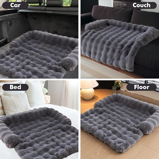 LiveGo Fuzzy Calming Dog Sofa Bed Mat, Washable Plush Couch Cover for Pets, Furniture Protector with Anti-Slip Bottom (Gray, 35.4"*35.4")