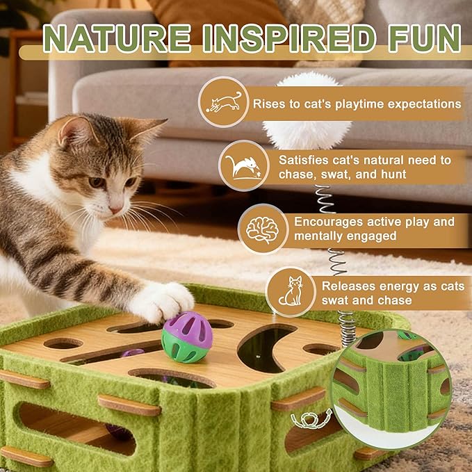 GLIDESMOOTH Interactive Cat Toy Puzzle Toys for Indoor, Felt Maze Box, Cat Toys, Mental Stimulation and Entertainment, Square, Green, 1 Set