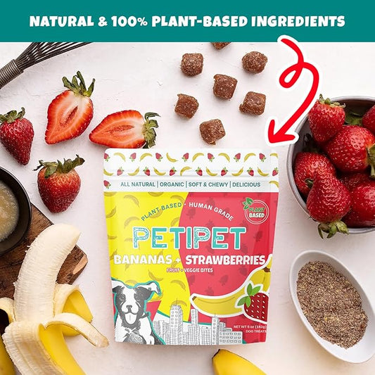 PETIPET Bananas+Strawberries Plant-Based Fruit Dog Treats - Strawberry, Apple, Banana Soft & Chewy Treats - Healthy, Vegetarian, Vegan - Organic Ingredients, Low-Protein, Hypoallergenic, Gluten-Free