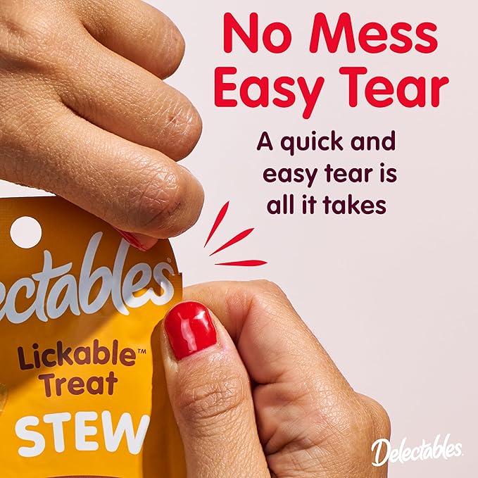 Delectables Lickable Treat Stew Senior 15+ Wet Cat Treat with Real Chicken & Tuna, Food Topper, Hydrating, Grain-Free, No Fillers, No By-Products, No Added Preservatives, 1.4oz Pouch, 12ct