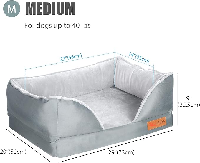 Fida Orthopedic Dog Bed with Memory Foam Base - Dog Lounge Sofa with Removable Washable Cover, Pets Couch Beds for Small Dogs & Cats (Medium, Grey)