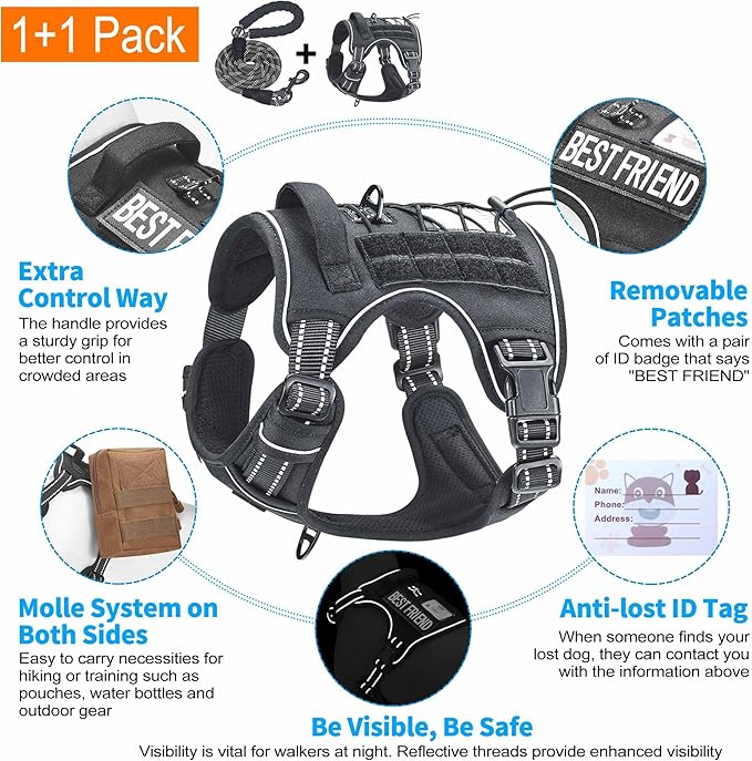 Heavy Duty Tactical Dog Harness for Small Dogs, No Pull Adjustable Pet Harness Reflective Service Training Easy Control Pet Vest Military K9 Working Dog Harnesses- Small, Black
