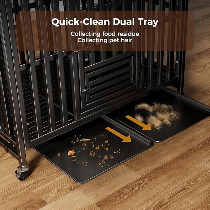 Heavy Duty Dog Crate, Escape-Proof Indestructible Cage for High-Anxiety Dogs, 3-Door Kennel with 4 Lockable Wheels and 2 Removable Trays Ideal for Large & Medium Breeds(43 Inch)