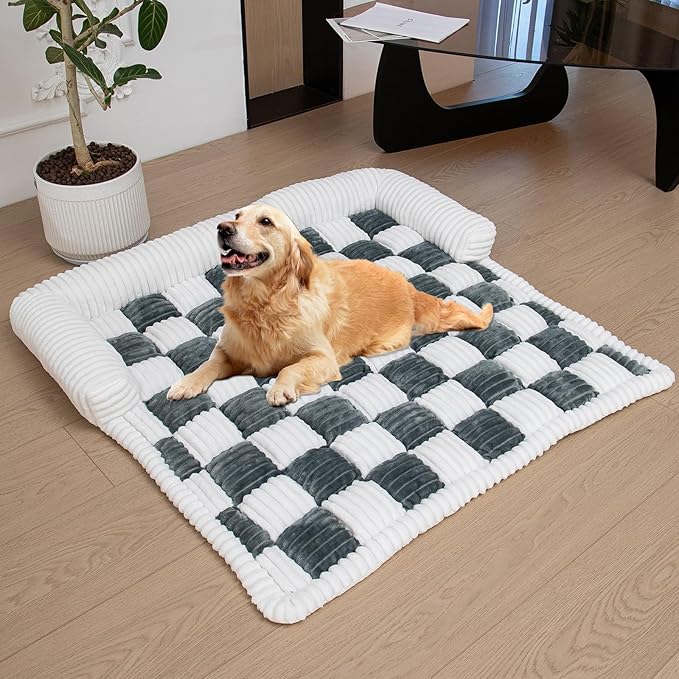 LiveGo Fuzzy Pet Couch Covers for Sofa, Dog Couch Cover Fuzzy Sofa Cover Cream Square Plaid Dog Bed Plush Dog Mat for Furniture Protector for Large Medium Dogs and Cats (Blue Gray, 35.4"*35.4")