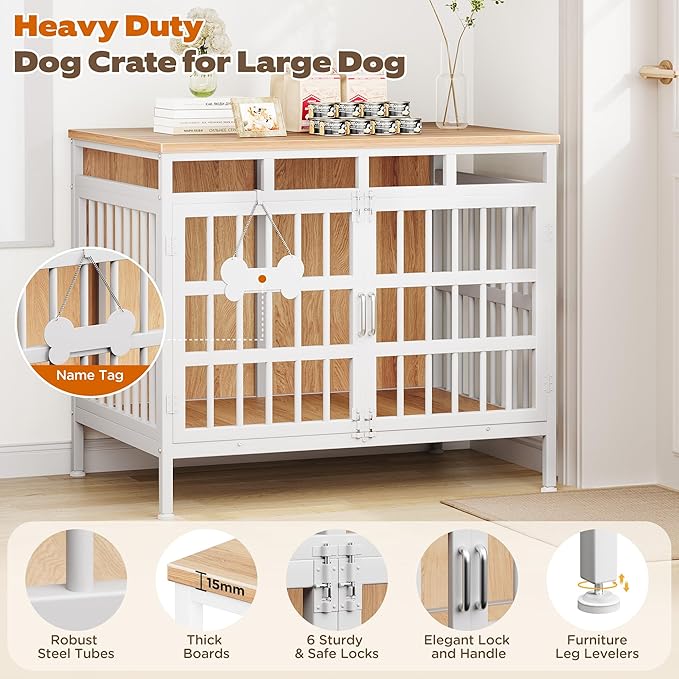 39 Inch Dog Crate Furniture, Heavy Duty Dog Kennel for Small Medium Large Dogs, Double Doors Indoor Decor Pet House Cage, Anti Escape Wooden Dog Cage with Name Tag End Table, TV Stand, Beige
