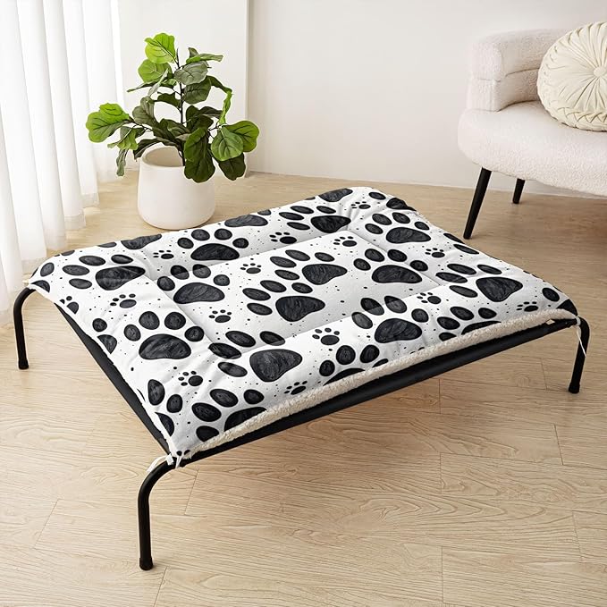 Dog Crate Bed Washable Crate Pad Cartoon Black Paw Printed Soft Fluffy Pet Sleeping Mat for Large Medium Small Animals(Paw-3 S)