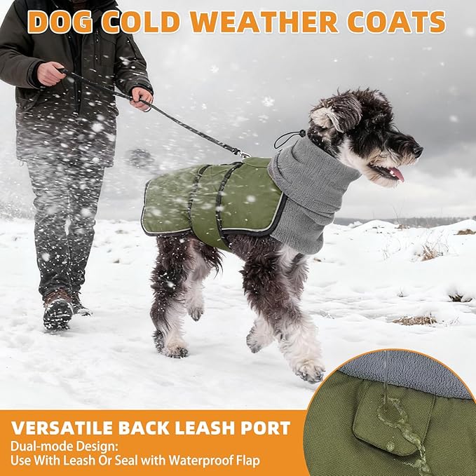 KOOLTAIL Dog Winter Coat for Small Medium Dogs, Waterproof&Windproof Puppy Jacket with Fleece Lining and High Collar for Cold Weather, Reflective Warm Pet Snowsuit Vest Clothes with Leash Hole,Green M