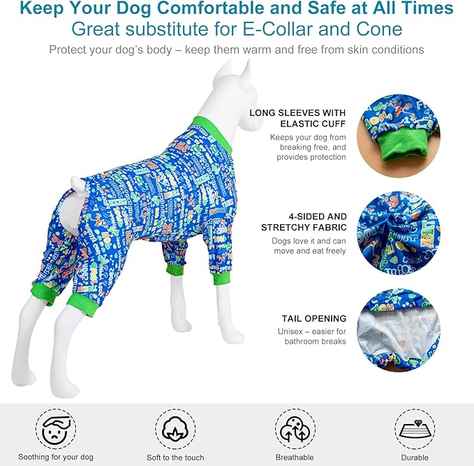 LovinPet Dog Pajamas Bodysuit for Giant Dogs -Dog Onesie with UV Protection & Anxiety Calming Shirt,Pitbull Dog Clothes, Pet Pajamas for Dogs, Cotton Jumping Frogs Print,Large