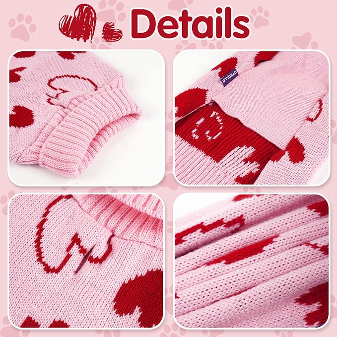 cyeollo Dog Sweater Valentines Day Knitted Pullover Turtleneck Heart Pattern Holiday Theme Pet Apparel with Leash Hole for Small Dogs Pink
