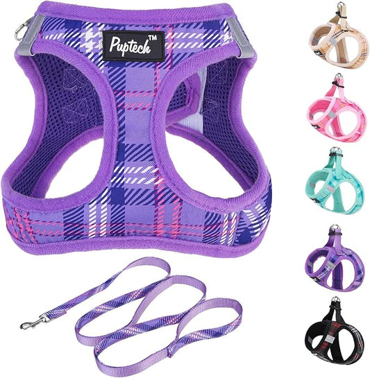 PUPTECK Dog Harness and Leash Set for Small Medium Dogs No Pull Step-in Soft Mesh Puppy Cat Vest Harnesses Reflective at Night, Plaid Pattern Purple XS