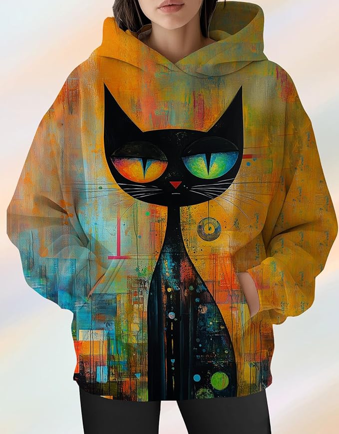 Womens Cat Print Hoodies Trendy Funny Cat Graphic Long Sleeve Sweatshirt Y2k Streetwear Hooded Pullover Tops