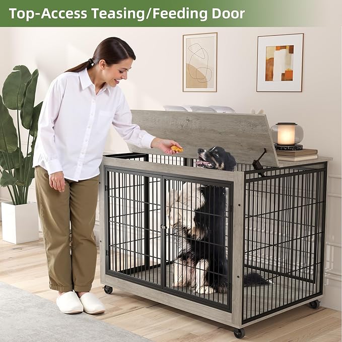 43" Movable Extra Large Dog Crate, Wooden Furniture Dog Crate with Top Access for Teasing/Feeding, 4 Rotating Wheels, Heavy-Duty Large Dog Kennel Indoor as End Table, Chew-Resistant, Gray