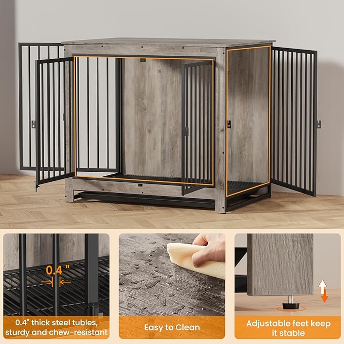 Dog Crate Furniture, 42 InchI ndoor Large Dog Kennel for Medium to Large Dogs Up to 70 LBS, Heavy Duty Wooden Pet Cage End Table with 3 Doors, Alloy Steel Frame & Removable Tray