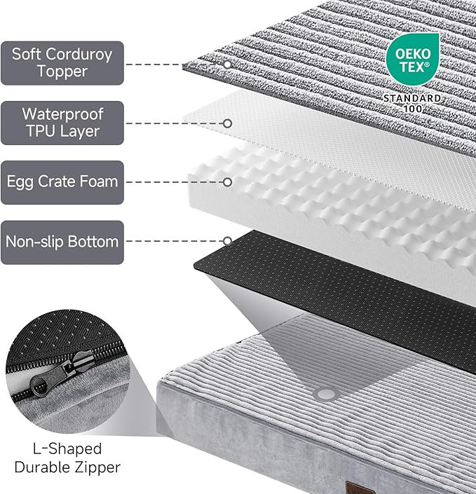 OhGeni 41 Inches Orthopedic Waterproof & Machine Washable Dog Bed for Large Pets, Gifts for Christmas, Suitable for Crates, 25D Egg Crate Foam, Non-Slip Bottom & Removable Cover(Gray)
