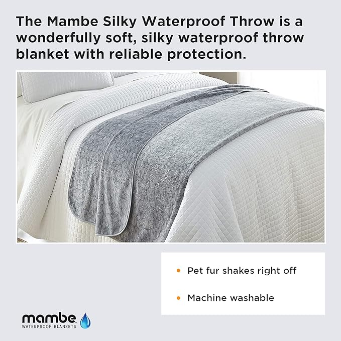 Mambe Silky Waterproof Throw for Protecting Furniture Bed Couch from Stains Caused by Dogs, Cats, Incontinence. Soft, Washable, Reversible. (Size Medium 70x70 inches, Color Serene)