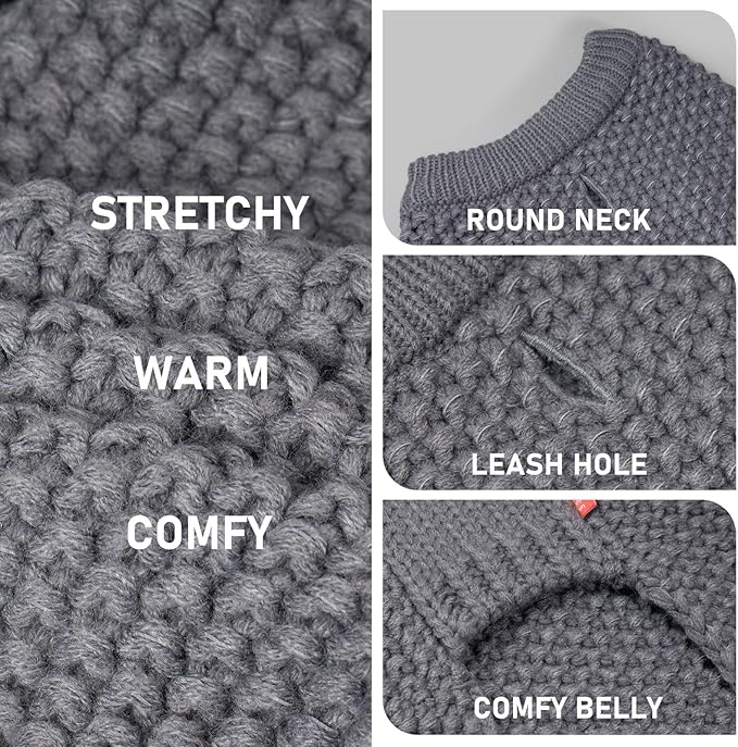 KYEESE Dog Sweater with Leash Hole Comfy Pullover Sweater Medium Size Male with Reflective Yarn Warm Pet Coats Stretchy Cozy Lightweight Thick Knitwear Dog Clothes,Grey, X-Large
