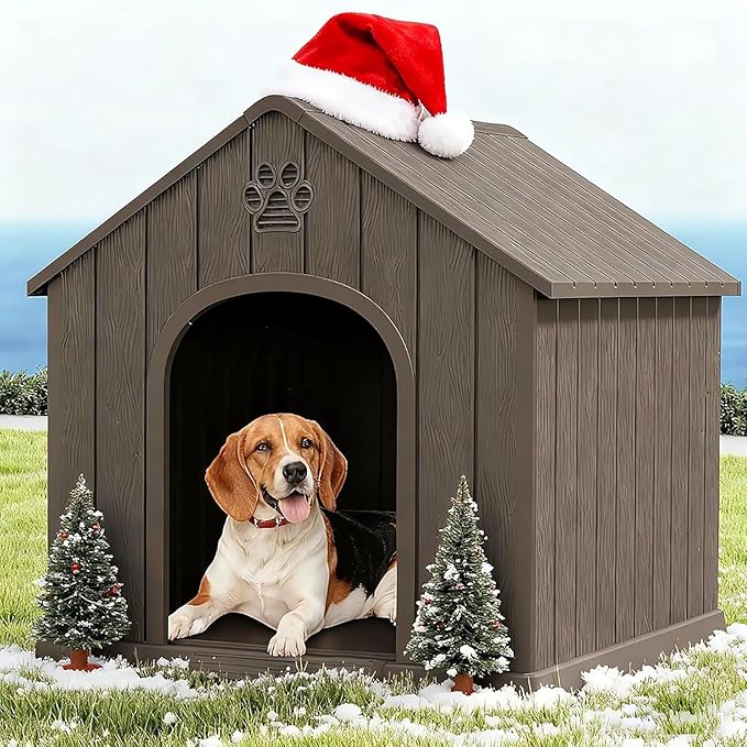 Large Dog House Outdoor Indoor for Medium Large Dogs, Sturdy Plastic Waterproof Doghouse with Air Vents and Elevated Floor, Easy Clean and Assemble (Light Grey, 36.2''L×38''W×38''H)