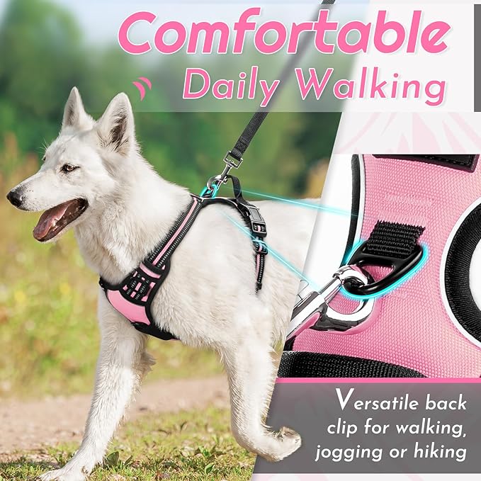 Eagloo Dog Harness for Large Dogs, No Pull Service Vest with Reflective Strips and Control Handle, Adjustable and Comfortable for Walking, No Choke Pet Harness with 2 Metal Rings, Pink, XL
