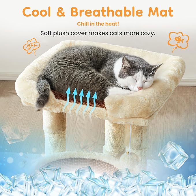 Multi-Level Cat Tower with Scratching Posts, Cat Tree with Double Cat Bed & Hanging Toys, Cute Climbing Tower with Sisal Scratcher for Kittens & Adult Cats, Cream White