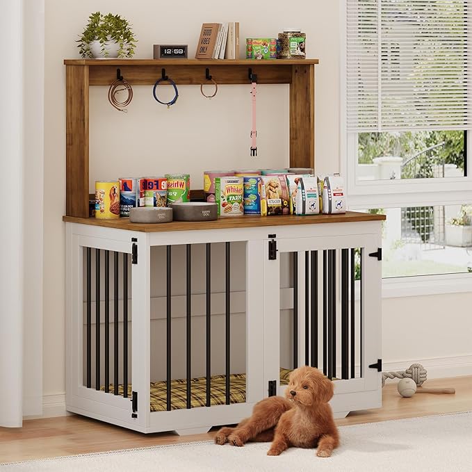 Dog Crate Furniture, Wooden Dog Crates for Small Dogs, Dog Kennel Indoor with Storage Shelf, 4 Hooks, Heavy Duty Dog Crate for Small/Medium Dogs, White