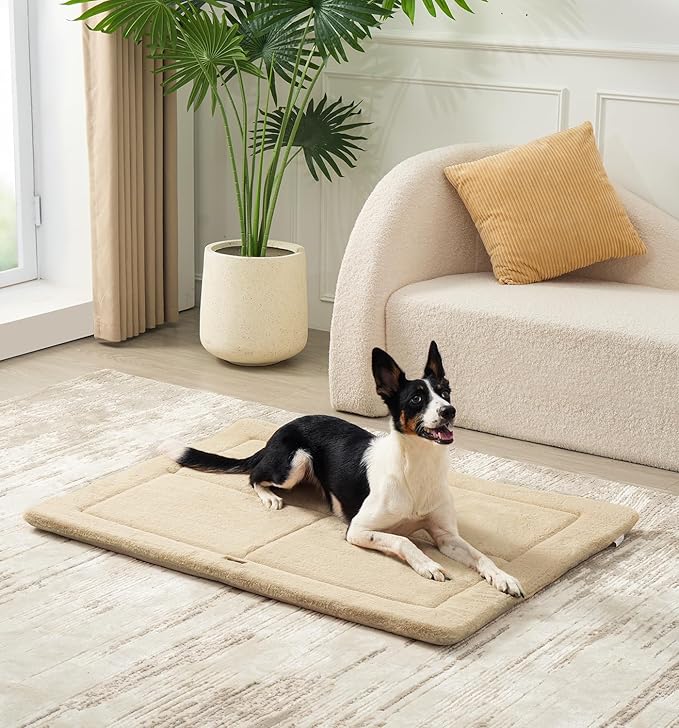Made4Pets Dog Crate Pad Bed for Large Dogs, Washable & Reversible, Anti-Slip Kennel Mat for Cozy Sleeping, Soft Fluffy Dog Bed for Indoor & Outdoor Use, 36"x27", Beige