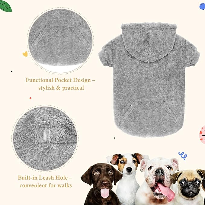 Dog Sweater,Dog Hoodies,Warm Fuzzy Fleece Sweatshirt with Hood & Pocket,Leash Hole,Cozy Cold Weather Pet Clothes Pet Sweater for Small,Medium,and Large Dogs(Grey,XL)