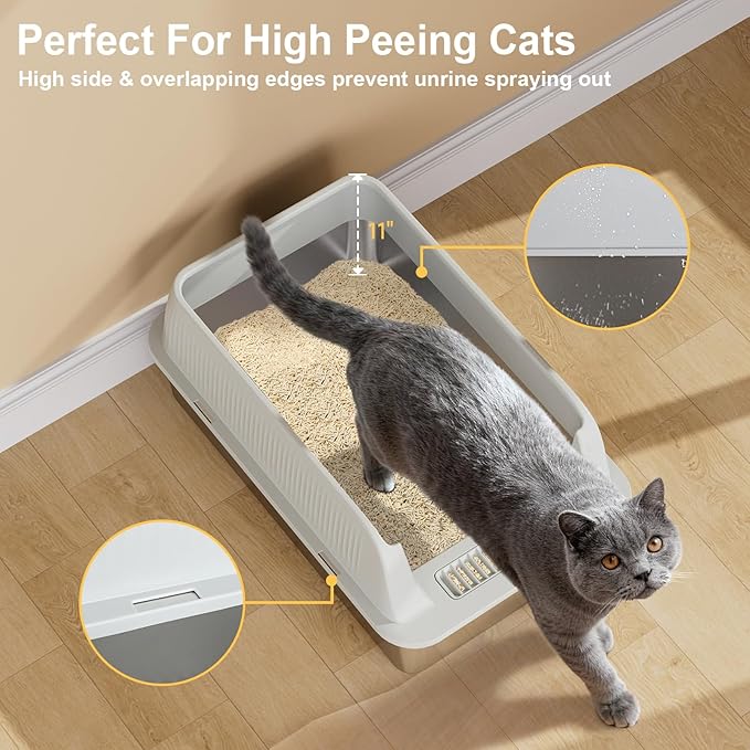 TENTIZON 2 Pack Stainless Steel Cat Litter Box with Lid, Open Top Large Metal Kitty Litter Pan with High Side, Litter Mat, Scoop for Kitten, Multi-Cats Home, Odor Control, Leak Proof, Easy Clean
