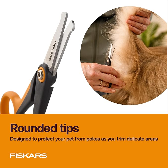 Fiskars Pet Detailing Scissors, Dog & Cat Grooming Scissors, Rounded Tips & SoftGrip Handle for Delicate Areas, 5.5”, Orange/Black