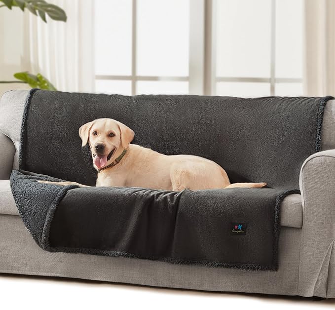 Luciphia Waterproof Bed Blanket Washable, Soft Sherpa Fleece Puppy Reversible Throw Blankets for Medium Large Dog Cat, Furniture Cover Protector Couch Bed from Liquid Pee and Pet Fur, Grey,65" x 57"